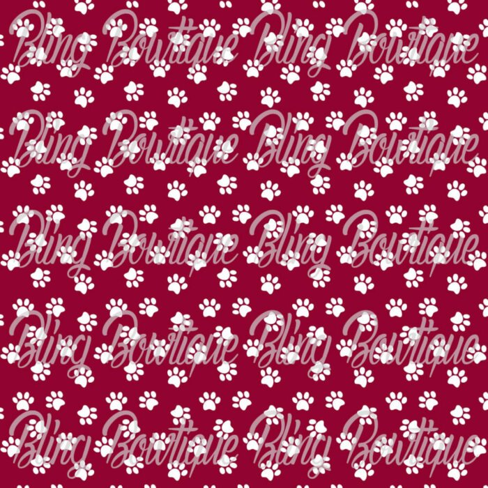 Pawprints White on Maroon Background Fabric