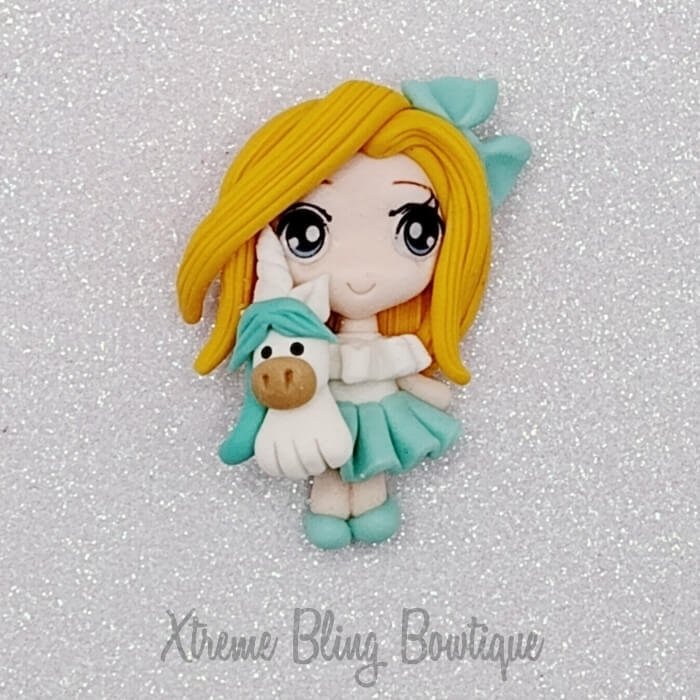 Doll Yellow Hair Aqua Blue Petticoat Dress Aqua Blue Bow Miniature Unicorn  Clay (Includes 1 Clay) (8C)  Xtreme Bling Bowtique