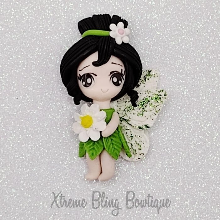 Fairy Green Leaf Dress Black Hair White Flower Clay (Includes 1 Clay) (7A)   Xtreme Bling Bowtique