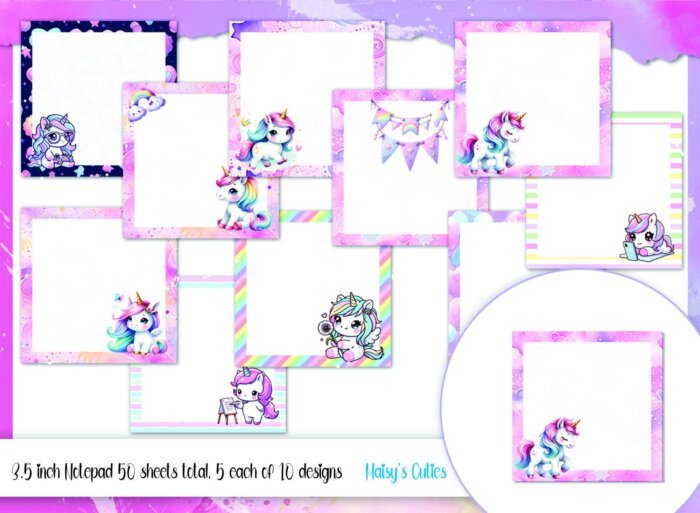 3.5 Inch Unicorn Notepad, 5 Each of 10 Designs, Tear Away Sheets