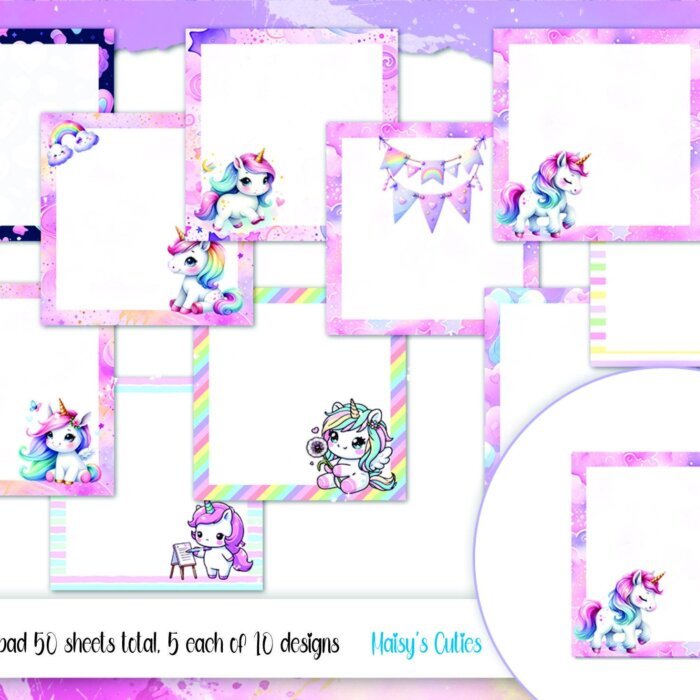 3.5 Inch Unicorn Notepad, 5 Each of 10 Designs, Tear Away Sheets