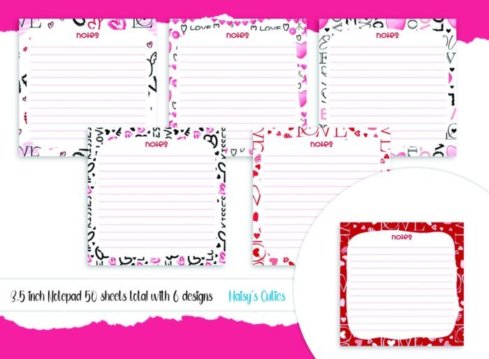 3.5 Inch Valentines Notepad, 6 Designs, 50 Tear Away Sheets